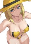  1girl ashiomi_masato bangs bare_shoulders bikini blonde_hair blue_eyes breasts cleavage closed_mouth curvy eyebrows_visible_through_hair eyepatch_bikini from_above guilty_gear hair_between_eyes hat highres large_breasts millia_rage navel solo sun_hat swimsuit thighs yellow_bikini yellow_headwear 