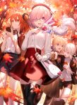  4girls absurdres ahoge artoria_pendragon_(all) autumn_leaves bangs beret blonde_hair braid breasts camera closed_mouth fate/grand_order fate/stay_night fate_(series) food fou_(fate) french_braid fujimaru_ritsuka_(female) glasses green_eyes hair_ornament hair_over_one_eye hair_scrunchie hat highres jet_black_king_of_knights_ver._shinjuku_1999 large_breasts light_purple_hair looking_at_viewer mash_kyrielight mashima_saki_(mashimasa) medium_breasts multiple_girls one_side_up open_mouth orange_eyes orange_hair purple_eyes saber saber_alter scrunchie short_hair smile tree yellow_eyes 