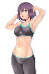  1girl absurdres armpits arms_up bangs bike_shorts black_sports_bra bob_cut breasts brown_hair cowboy_shot dark_skin girls_und_panzer green_eyes groin hands_in_hair highres hoshino_(girls_und_panzer) looking_at_viewer midriff navel open_mouth short_hair simple_background solo sports_bra standing sweat tanaka_rikimaru white_background 