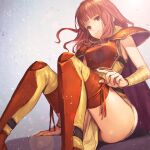  1girl armor bandaged_arm bandages bangs bloom blunt_bangs blurry blurry_background bokeh breastplate cape celica_(fire_emblem) closed_mouth depth_of_field feet_out_of_frame fire_emblem fire_emblem_echoes:_shadows_of_valentia fire_emblem_gaiden fire_emblem_heroes furikawa_arika gradient gradient_background grey_background hand_on_thigh high_collar highres lens_flare light_particles long_hair motion_blur pauldrons pelvic_curtain red_eyes red_hair ribbon shin_guards shoulder_armor sitting sleeveless solo strap thighhighs thighs 