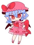  1girl ascot bat_wings blue_hair bow brooch cravat dress frilled_shirt frilled_shirt_collar frilled_sleeves frills hat hat_ribbon jewelry mob_cap op_na_yarou pink_dress puffy_short_sleeves puffy_sleeves red_bow red_eyes red_ribbon remilia_scarlet ribbon ribbon_trim sash shirt short_hair short_sleeves touhou wings wrist_cuffs 