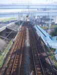  1girl absurdres bridge brown_hair building commentary_request day dress floating full_body grass highres lamppost long_hair moribuden original outdoors photorealistic railroad_tracks road scenery solo white_dress white_sky 