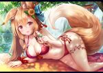  1girl :d animal_ear_fluff animal_ears bare_arms bare_shoulders bikini black_choker blonde_hair breasts choker cleavage collarbone dango day food fox_ears fox_girl fox_tail front-tie_bikini front-tie_top halterneck long_hair looking_at_viewer lying medium_breasts nature navel on_side open_mouth original outdoors red_bikini red_eyes red_ribbon ribbon sakura_ani sanshoku_dango side-tie_bikini smile solo stomach swimsuit tail tassel thigh_strap thighs wagashi wrist_ribbon 