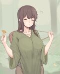  1girl ^_^ backpack bag breasts brown_hair closed_eyes closed_mouth collarbone folait forest grass green_shirt heart highres holding holding_mushroom large_breasts medium_hair mushroom nature original shirt smile solo 