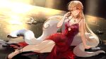  1girl blonde_hair braid breasts choker dress earrings feather_boa french_braid girls_frontline highres jewelry long_hair medium_breasts moko_(moko/moko) orange_eyes ots-14_(girls_frontline) rain red_dress sleeveless sleeveless_dress solo 