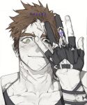  1boy black_eyes brown_hair face gloves green_eyes hand_over_face hand_up hands heterochromia looking_at_viewer male_focus original partially_fingerless_gloves pigeon666 portrait scar scar_across_eye scar_on_neck short_hair smile solo veins 