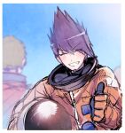  2boys bangs blush border closed_eyes commentary_request danganronpa_(series) danganronpa_v3:_killing_harmony day eyebrows_visible_through_hair facing_viewer grin hand_up juugonichi_(wheeliex2) long_sleeves male_focus momota_kaito multiple_boys outdoors purple_hair smile solo_focus space_helmet spacesuit spiked_hair teeth thumbs_up upper_body white_border 
