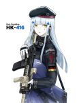  1girl absurdres assault_rifle bag bangs beret black_headwear blunt_bangs character_name commentary copyright_name earpiece english_commentary facial_mark german_flag girls_frontline gloves green_eyes gun h&amp;k_hk416 hair_ornament hat highres hk416_(girls_frontline) holding holding_gun holding_weapon jacket knife knife_holster long_hair long_sleeves open_mouth rifle shoulder_bag sidelocks silver_hair solo straight_hair swimnemo upper_body weapon white_background white_gloves 