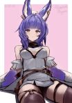  1girl :t animal_ears antenna_hair arm_support arms_behind_back artist_name black_legwear black_neckwear blush breasts bunny_ears cowboy_shot dated dress eyebrows_visible_through_hair granblue_fantasy highres looking_at_viewer medium_breasts medium_hair off_shoulder punished_pigeon purple_hair sitting solo thigh_strap thighhighs thighs tikoh white_dress yellow_eyes 