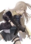  1girl bandaid black_jacket brown_hair bulletproof_vest commentary_request eyepatch girls_frontline gloves gun h&amp;k_ump45 highres jacket long_hair looking_at_viewer object_namesake one_side_up scar scar_across_eye shirt solo submachine_gun ump45_(girls_frontline) weapon white_background yao_yang 