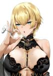  1girl :o armlet bangs bare_shoulders black_dress blonde_hair blue_eyes blush breasts cleavage cup dress earrings eyebrows_visible_through_hair girls_frontline highres jewelry large_breasts looking_at_viewer mole mole_on_breast official_alternate_costume parted_lips sam_(metalibon) short_hair simple_background sleeveless solo spilling upper_body vsk-94_(girls_frontline) white_background 
