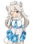 1girl ;o absurdres animal_ear_fluff animal_ears blue_eyes blue_neckwear blue_skirt blush breasts cowboy_shot elbow_gloves eyebrows_visible_through_hair fang fur_collar gloves highres kemono_friends lion_ears lion_girl lion_tail long_hair looking_at_viewer medium_breasts necktie one_eye_closed open_mouth pantyhose plaid plaid_neckwear plaid_skirt plaid_trim pleated_skirt rubbing_eyes shiraha_maru shirt short_sleeves simple_background skirt solo tail white_background white_fur white_gloves white_hair white_legwear white_lion_(kemono_friends) white_shirt 