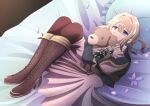  1girl blonde_hair blue_eyes boots brooch cross-laced_footwear doll_hug ferrumflos1st hair_between_eyes highres jewelry knee_boots lace-up_boots legs_together lying mechanical_hands on_back pillow pink_skirt skirt solo stuffed_animal stuffed_dog stuffed_toy violet_evergarden violet_evergarden_(character) 
