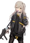  1girl black_jacket black_legwear brown_hair commentary_request fishnet_legwear fishnets girls_frontline gloves gun h&amp;k_ump45 highres jacket long_hair looking_at_viewer object_namesake one_side_up pantyhose scar scar_across_eye shirt solo submachine_gun ump45_(girls_frontline) weapon white_background yao_yang 