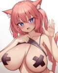 1girl animal_ear_fluff animal_ears areola_slip areolae blush breasts cat_ears collarbone commentary english_commentary eyebrows_visible_through_hair fang gradient gradient_background grey_background hair_between_eyes hand_up kaptivate large_breasts looking_at_viewer nekomia_(kaptivate) open_mouth original pasties pink_hair solo white_background x_pasties 