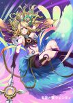  1girl absurdres bangs bare_shoulders blonde_hair breasts cloak duel_monster elbow_gloves flying gloves green_eyes highres holding holding_scepter jeffrey10 long_hair looking_at_viewer multicolored_hair purple_gloves reeshaddoll_wendi scepter shorts solo stomach yu-gi-oh! 