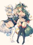  2girls ahoge animal_ears ass ass_visible_through_thighs beige_background black_legwear black_panties black_ribbon blue_hair breasts cleavage commentary_request eyebrows_visible_through_hair garter_straps green_eyes green_hair green_nails hair_between_eyes hair_ribbon highres kuromiya kuromiya_raika large_breasts long_hair looking_at_viewer lying multicolored_hair multiple_girls nail_polish on_back open_mouth orange_hair original panties ribbon shiromiya_asuka simple_background smile tail thighhighs thighs two-tone_hair underwear white_hair white_legwear white_panties 