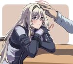  1girl 3_small_spiders an-94_(girls_frontline) black_gloves blonde_hair blue_eyes blush closed_mouth commentary_request elbow_rest eyebrows_visible_through_hair girls_frontline gloves hair_between_eyes hairband highres long_hair long_sleeves musical_note patting smile solo_focus table upper_body 