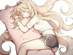  1girl an-94_(girls_frontline) ass bamyamsj black_shorts blonde_hair closed_eyes commentary_request dolphin_shorts eyebrows_visible_through_hair girls_frontline hairband long_hair open_mouth pillow pillow_hug shirt short_shorts short_sleeves shorts sleeping solo t-shirt very_long_hair white_background white_shirt 