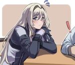  1girl 3_small_spiders an-94_(girls_frontline) black_gloves blonde_hair blue_eyes blush closed_mouth commentary_request elbow_rest eyebrows_visible_through_hair flying_sweatdrops girls_frontline gloves hair_between_eyes hairband highres long_hair long_sleeves looking_away solo_focus table upper_body 