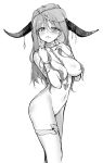  1girl alphy axe bracelet breasts chain collar cow_horns earrings embarrassed eyebrows eyebrows_visible_through_hair eyelashes greyscale hair_over_breasts highres horns jewelry large_breasts lips long_hair monochrome nail_polish navel nude ring solo white_background 