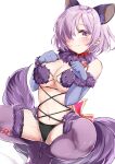  1girl :s absurdres animal_ears bare_shoulders blush bow breasts buckle cleavage closed_mouth collar dangerous_beast elbow_gloves fate/grand_order fate_(series) frown fur-trimmed_gloves fur-trimmed_legwear fur_collar fur_trim gloves hair_over_one_eye hamaken._(novelize) hands_up highres large_breasts looking_at_viewer mash_kyrielight navel no_shoes paw_pose pink_bow purple_eyes purple_gloves purple_hair purple_legwear revealing_clothes short_hair simple_background solo spread_legs tail thighhighs white_background wolf_ears wolf_girl wolf_tail 