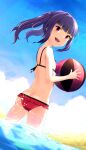  1girl absurdres alice_gear_aegis ass back ball bangs beachball bikini blue_sky blunt_bangs breasts butt_crack cloud cloudy_sky commentary_request day droplet dutch_angle eyebrows_visible_through_hair frilled_bikini frills from_behind highres holding holding_ball ichijou_ayaka looking_at_viewer looking_back medium_hair momo_(higanbana_and_girl) ocean open_mouth outdoors pink_eyes purple_hair red_bikini sky small_breasts smile solo splashing standing swimsuit twintails water wet 