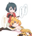  2girls :3 animal_ears bangs black_eyes black_gloves black_hair blonde_hair blush chis_(js60216) closed_mouth commentary elbow_gloves eyebrows_visible_through_hair flying_sweatdrops gloves grey_shorts high-waist_skirt highres hug kaban_(kemono_friends) kemono_friends legwear_under_shorts looking_at_another lying miniskirt multiple_girls on_side on_stomach open_mouth pantyhose print_gloves print_legwear print_neckwear print_skirt red_shirt serval_(kemono_friends) serval_ears serval_print serval_tail shirt short_hair shorts simple_background skirt sleeveless smile sweatdrop tail translated white_background yellow_eyes yellow_gloves yellow_legwear yellow_neckwear yellow_skirt 