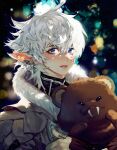 1girl alisaie_leveilleur blurry blurry_background coat creature dappled_sunlight depth_of_field earrings elezen elf final_fantasy final_fantasy_xiv hair_between_eyes highres holding jewelry looking_at_viewer pigeon666 pointy_ears purple_eyes ring smile solo stuffed_animal stuffed_toy sunlight teddy_bear thumb_ring upper_body white_hair 