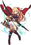  1girl arisa_(shadowverse) arm_up armlet arrow_(projectile) artist_request aura bangs bare_shoulders belt black_gloves blonde_hair blue_shirt blush boots bow_(weapon) breasts brown_footwear cape elbow_gloves eyebrows_visible_through_hair frilled_skirt frills full_body gloves green_eyes hair_ribbon hairband hand_up happy high-waist_skirt highres holding holding_arrow holding_bow_(weapon) holding_weapon knees_together_feet_apart light_blush long_hair looking_at_viewer neck_ribbon non-web_source official_art open_mouth outstretched_arm pointy_ears quiver red_cape red_hairband red_neckwear red_ribbon ribbon shadowverse sheath sheathed shiny shiny_hair shirt sidelocks skin_tight skirt sleeveless sleeveless_shirt small_breasts smile solo sword teeth thigh_boots thighhighs transparent_background v-shaped_eyebrows weapon white_skirt world_flipper zettai_ryouiki 