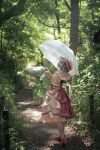  bamboo bat_wings cosplay frilled_skirt frills gsotm_mik hat highres holding holding_umbrella looking_at_viewer looking_back mob_cap photo_(medium) red_footwear remilia_scarlet remilia_scarlet_(cosplay) shoes short_sleeves skirt socks touhou tree umbrella white_legwear white_umbrella wings 