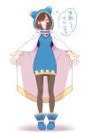  1girl absurdres blue_dress blue_footwear brown_hair cape dress genderswap genderswap_(mtf) gloves glowing glowing_eye highres hood hood_up kawayabug kirby&#039;s_return_to_dream_land kirby_(series) long_hair magolor one_eye_closed outstretched_arms pantyhose personification simple_background solo speech_bubble standing star_(symbol) translation_request white_background white_cape 