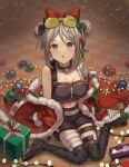  1girl bare_shoulders boots bow box breasts checkered checkered_floor christmas christmas_lights christmas_ornaments commentary double_bun eyewear_on_head full_body fur_trim gift gift_box girls_frontline hair_bow hair_ornament highres kiou large_breasts looking_at_viewer off_shoulder official_alternate_costume open_mouth p90_(girls_frontline) purple_eyes shorts sitting solo star_(symbol) star_hair_ornament sunglasses thigh_boots thighhighs wariza 