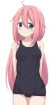  1girl ahoge arms_behind_back bangs bare_arms bare_shoulders black_swimsuit blue_eyes blush breasts closed_mouth collarbone covered_navel eyebrows_visible_through_hair hair_between_eyes highres hippo_(hirople) kagamihara_nadeshiko long_hair old_school_swimsuit one-piece_swimsuit pink_hair school_swimsuit simple_background small_breasts solo swimsuit thigh_gap very_long_hair white_background yurucamp 