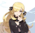  1girl blonde_hair blush breasts cleavage closed_mouth coat commentary cynthia_(pokemon) electricity eyelashes finger_to_own_chin hair_ornament hair_over_one_eye hand_up head_tilt long_hair long_sleeves looking_at_viewer pokemon pokemon_(game) pokemon_dppt shiny shiny_hair solo spyg upper_body 