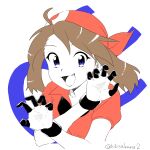  1girl bandana bangs blue_eyes brown_hair collared_shirt commentary_request fang gloves hands_up highres kibisakura2 light_blush looking_at_viewer open_mouth pokemon pokemon_adventures sapphire_birch shirt short_sleeves smile solo tongue twitter_username 