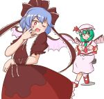  2girls arm_ribbon bangs bat_wings bow bright_pupils brown_bow brown_dress brown_ribbon cosplay costume_switch crossed_legs dress eyebrows_visible_through_hair fake_wings frilled_ribbon frills front_ponytail green_eyes green_hair hair_bow hair_ribbon hat hat_ribbon kagiyama_hina kagiyama_hina_(cosplay) looking_down mizusoba mob_cap multiple_girls one_eye_closed pink_headwear pink_legwear pink_shirt pink_skirt purple_hair red_eyes red_footwear red_neckwear red_ribbon remilia_scarlet remilia_scarlet_(cosplay) ribbon shirt short_hair simple_background sitting skirt standing stool touhou white_background white_pupils wings wrist_cuffs 