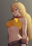  1girl ahoge bangs belt belt_buckle black_belt blonde_hair breasts brown_eyes buckle eyebrows_visible_through_hair grey_background grin hair_between_eyes highres long_hair looking_at_viewer medium_breasts midriff navel orange_neckwear putcher rwby shiny shiny_hair simple_background smile solo stomach upper_body very_long_hair yang_xiao_long yellow_bandeau 