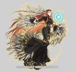 1girl absurdly_long_hair ashera_(fire_emblem) attack belly_chain black_dress closed_mouth dress feather_hair_ornament feathers fire_emblem fire_emblem:_radiant_dawn fire_emblem_heroes full_body hair_ornament jewelry kita_senri long_hair magic official_art outstretched_arms red_eyes red_hair very_long_hair 