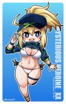  1girl :d ahoge artoria_pendragon_(all) ass_visible_through_thighs bangs baseball_cap bikini blonde_hair blue_eyes blue_headwear blue_jacket blush breasts character_name chibi cleavage commentary_request copyright_name eyebrows_behind_hair fate/grand_order fate_(series) full_body groin hair_between_eyes hair_through_headwear hand_up hat jacket kurono large_breasts long_hair looking_at_viewer mysterious_heroine_xx_(fate) navel open_mouth outline ponytail sandals shrug_(clothing) side-tie_bikini sidelocks simple_background skindentation smile solo standing standing_on_one_leg stomach swimsuit thigh_gap thigh_strap twitter_username upper_teeth white_bikini wristband zipper_pull_tab 