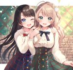  2girls :d ;d bangs black_hair blush braid buttons center_frills commentary_request cowboy_shot eyebrows_visible_through_hair frills green_eyes hair_ornament hair_pom_pom hand_on_own_shoulder hands_on_another&#039;s_shoulders hands_up high-waist_skirt highres hololive indie_virtual_youtuber light_brown_hair long_hair long_sleeves looking_at_viewer meme_attire momoshiki_tsubaki multiple_girls one_eye_closed oozora_subaru open_mouth patterned_clothing shigure_ui_(vtuber) shirt skirt skirt_hold smile standing striped virgin_killer_outfit virtual_youtuber white_shirt 