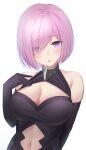  1girl absurdres arm_behind_back bangs black_gloves blush breasts cleavage clothing_cutout elbow_gloves eyebrows_visible_through_hair eyes_visible_through_hair fate/grand_order fate_(series) gloves hair_over_one_eye highres hiroserii large_breasts looking_at_viewer mash_kyrielight midriff navel open_mouth pink_hair purple_eyes short_hair simple_background solo stomach stomach_cutout upper_body white_background 