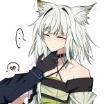  1girl 1other animal_ear_fluff animal_ears arknights bangs bare_shoulders blush cat_ears chin_tickle choker closed_eyes closed_mouth collarbone doctor_(arknights) eyebrows_visible_through_hair hand_up highres kal&#039;tsit_(arknights) long_sleeves medium_hair messy_hair off_shoulder pokarii_zuu sidelocks solo_focus upper_body white_background white_hair 