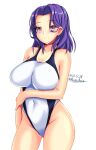  1girl ass_visible_through_thighs black_swimsuit breasts collarbone competition_swimsuit covered_navel cowboy_shot dated forehead highleg highleg_swimsuit highres impossible_clothes impossible_swimsuit kantai_collection large_breasts montemasa one-hour_drawing_challenge one-piece_swimsuit purple_eyes purple_hair short_hair solo swimsuit tatsuta_(kancolle) twitter_username two-tone_swimsuit white_swimsuit 