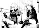  2girls ahoge artoria_pendragon_(all) belt blouse boots box breasts burger commentary_request couch crossed_legs drinking_straw eating fate/grand_order fate_(series) food greyscale holding indoors jacket jeanne_d&#039;arc_(alter)_(fate) jeanne_d&#039;arc_(fate)_(all) jet_black_king_of_knights_ver._shinjuku_1999 jewelry long_hair looking_at_viewer monochrome multiple_girls necklace one_eye_closed ponytail saber_alter short_hair silver_hair sitting sweater usui_ryuu wicked_dragon_witch_ver._shinjuku_1999 
