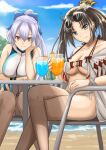  2girls bangs bare_shoulders beach bikini blue_bow blue_sky blue_swimsuit blush bow breasts brown_eyes brown_hair cleavage collarbone cup drinking_glass earrings eyewear_on_head fate/grand_order fate_(series) hair_between_eyes hair_bow hair_ornament highleg highleg_swimsuit highres jewelry ksfactory large_breasts long_hair looking_at_viewer medium_breasts multiple_earrings multiple_girls navel one-piece_swimsuit open_clothes ponytail red_eyes robe silver_hair sitting sky smile sunglasses swimsuit table thighs tomoe_gozen_(fate) tomoe_gozen_(swimsuit_saber)_(fate) twintails two-tone_swimsuit very_long_hair white_bikini white_swimsuit yu_mei-ren_(fate) yu_mei-ren_(swimsuit_lancer)_(fate) 