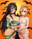  2girls absurdres ahoge asymmetrical_docking bandage_over_one_eye bandaged_arm bandaged_head bandaged_leg bandaged_neck bandages black_hair blush breast_press breasts brown_eyes halloween halloween_costume haru_estia highres hiroshi_(beolcoyote) holding_hands iris_yuma large_breasts long_hair looking_at_viewer medium_breasts multiple_girls mummy_costume naked_bandage navel nose_blush orange_hair parted_lips red_eyes short_hair smile soul_worker sweatdrop very_long_hair 