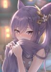  1girl bare_arms bare_shoulders blurry blush braid commentary covering_mouth depth_of_field dust english_commentary eyebrows_visible_through_hair eyelashes flower genshin_impact hair_cones hair_flower hair_ornament hair_over_mouth highres holding holding_hair keqing_(genshin_impact) light_particles light_purple_hair long_hair looking_at_viewer marinesnow nose_blush pink_eyes solo tsurime twintails upper_body white_flower 