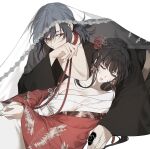  1boy 1girl bad_source black_hair bound bound_wrists breasts bridal_veil cleavage closed_eyes couple ea_ateu earrings female_saniwa_(touken_ranbu) highres japanese_clothes jewelry large_breasts long_hair lying oodenta_mitsuyo red_eyes rope saniwa_(touken_ranbu) touken_ranbu veil 