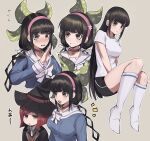  2girls absurdres alternate_costume alternate_hairstyle bangs bell black_choker black_shorts blunt_bangs blush bojue_(hakus_1128) bow breasts brown_hair buttons chabashira_tenko choker collarbone commentary danganronpa_(series) danganronpa_v3:_killing_harmony double-breasted eyebrows_visible_through_hair flying_sweatdrops green_background green_eyes green_ribbon grey_legwear hair_ornament hairband highres kneehighs large_breasts long_hair long_sleeves looking_at_viewer low_twintails mole mole_under_mouth multiple_girls multiple_views neck_bell no_shoes open_mouth pink_choker pink_hairband red_hair ribbon shirt short_hair shorts smile twintails upper_body white_bow white_shirt yumeno_himiko 